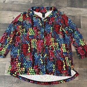 Ali Miles Button Up Top Women's Sz L Colorful Print Artsy art to wear 3/4 sleeve